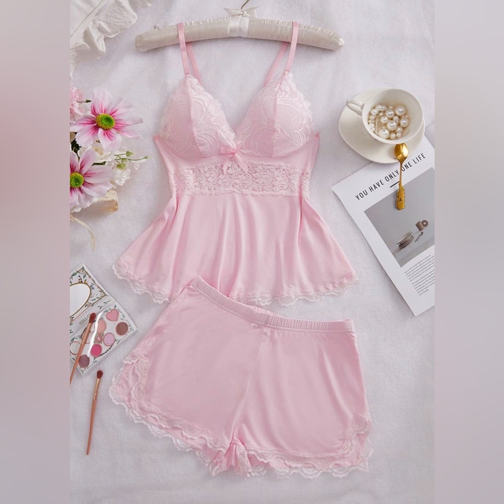 Chic Pink Lace Pajama Set Camisole & Short Sleep Set Boutique Size M NWT